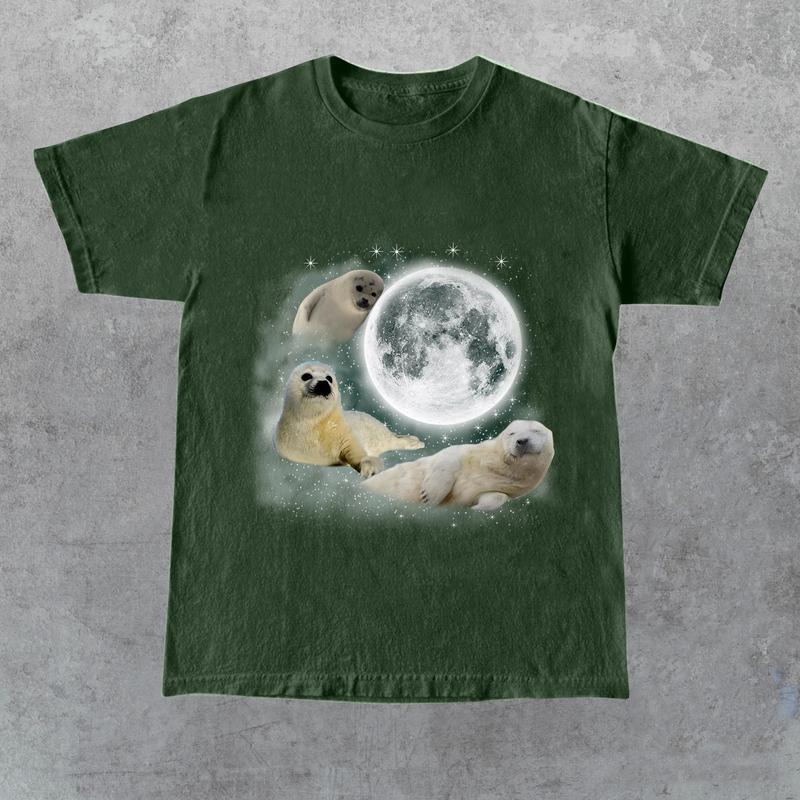 Three Baby Seal Vintage Graphic T-shirts, Retro Sea Dog Moon Tshirt, Seal Lovers, Cute Sea Dog Tee, Relaxed Washed Unisex Adult Tee