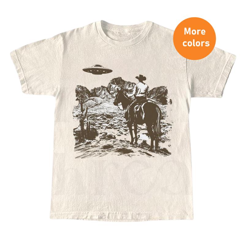 UFO Western Shirt, Retro Vintage Cowboy T-Shirt, Rodeo Wild West Tee,  UFO Retro T-Shirt, Unisex T-shirt, Gift for Him, Gift for Her, Crew Neck, Trend