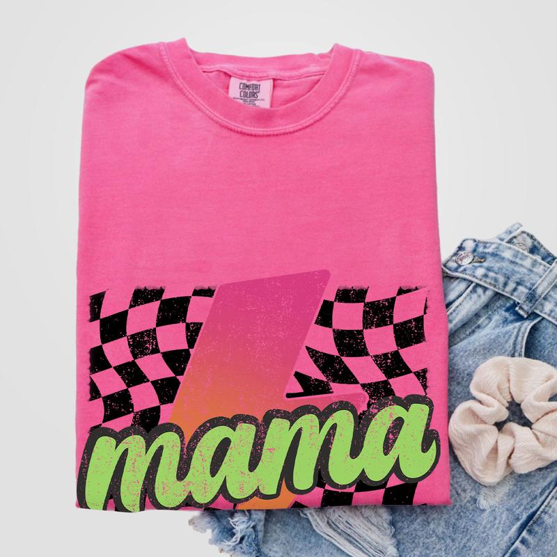 Neon Mama Shirt, Checkered Mama Shirt, Lightning Bolt Shirt, Mothers Day Gift, Retro Checkered Mom Tshirt, Mom Comfort Tee, Gift for Her, Retro Mama Shirt, Mom Women Tops