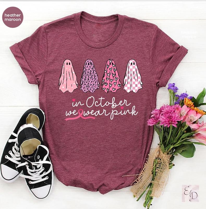 Breast Cancer Halloween Ghost Hoodie Sweatshirt, In October We Wear Pink, Cancer Awareness T-Shirt, Specialty Gift Unisex Supportive Top