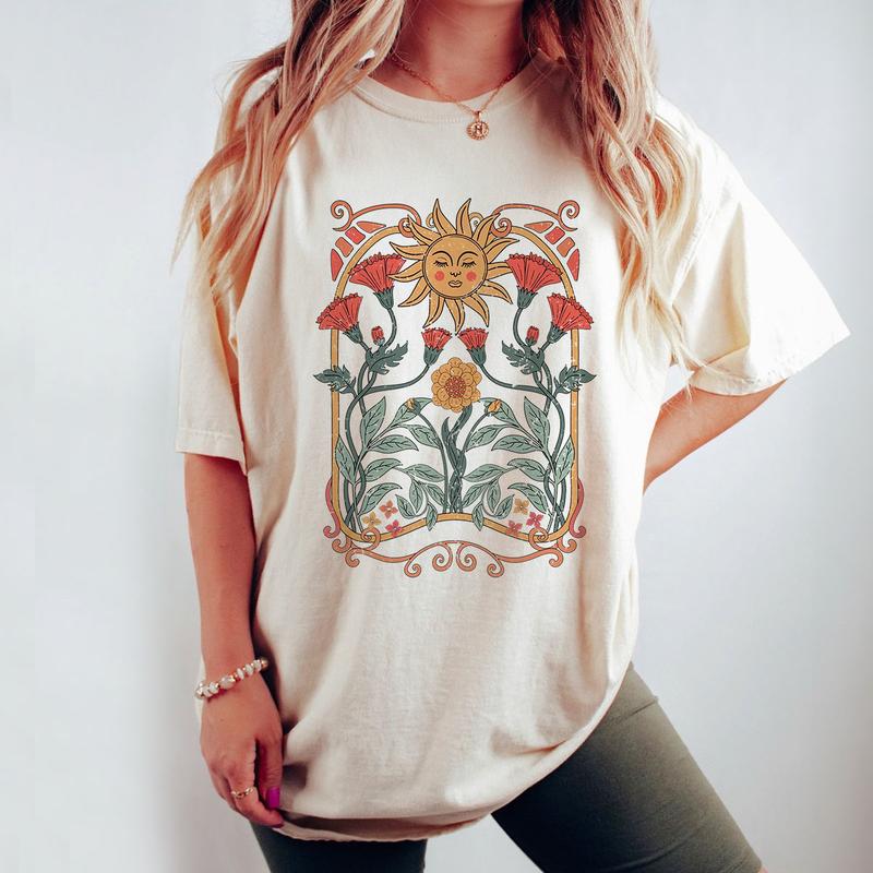 Boho Floral Tshirt Art Nouveau, WildFlowers Shirt, Wild Flower Tshirt, Comfort Shirts for Women, Vintage Botanical Tee For Her, Retro Floral Nature T-