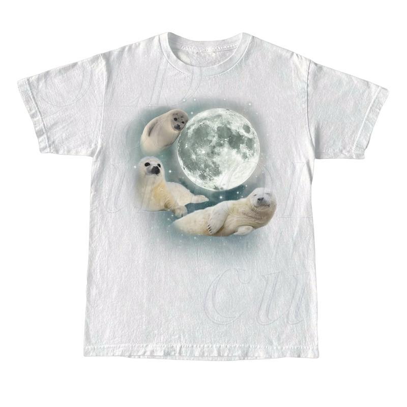 Three Baby Seal Vintage Graphic T-shirts, Retro Sea Dog Moon Tshirt, Relaxed Washed Unisex Adult Tee, Seal Lovers, Cute Sea Dog Tee Menswear Top Under