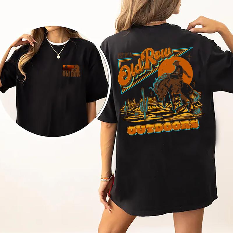 Old Row Outdoors Banquet Western Cowboy Graphic 2-Sided Shirt, Country Cowgirl Tshirt, Cotton Fabric T-shirt, Printed Women's Tops, Casual Womenswear