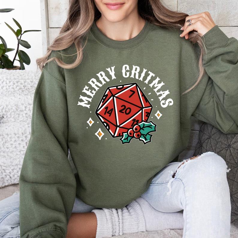 Merry Critmas DND Sweatshirt, Dungeons and Dragons Christmas Sweatshirt, Christmas Sweatshirt For DnD Fans, Polyhedral Dice Xmas Hoodie, Christmas Swe