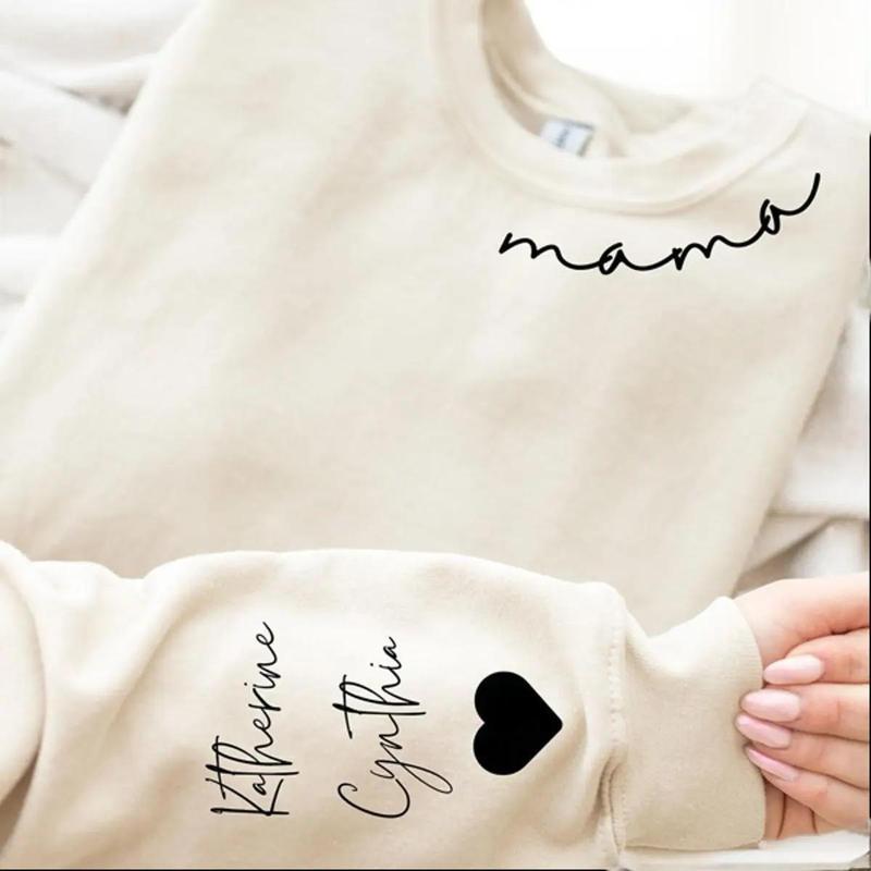 Custom Mama Sweatshirt with Kid Name on Sleeve, Personalized Mom Sweatshirt, Minimalist Momma Sweater, Christmas Gift for Mom, Gift for Her