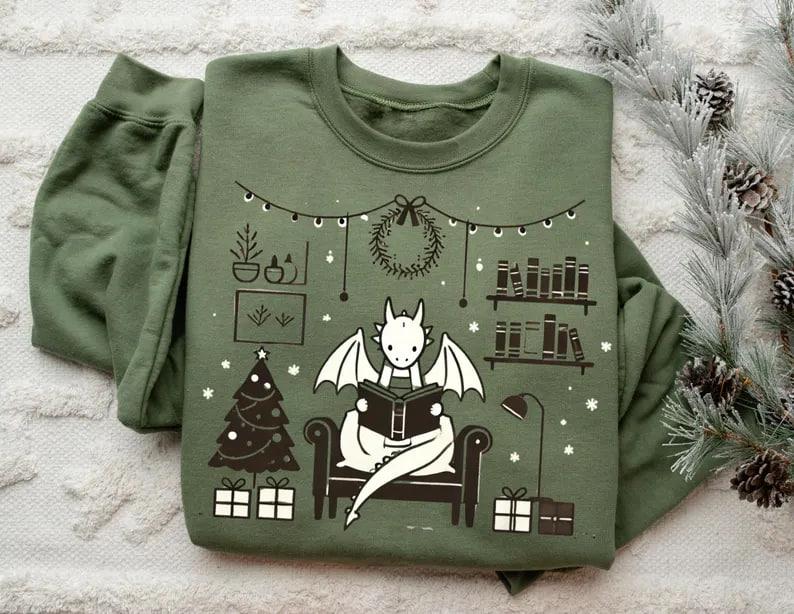 Mystical Bearded Dragon Reading A Book Christmas Sweater, Holiday Dragon Sweatshirt, Cute Dragon Apparel, Dragon Lover Gift, Winter Book