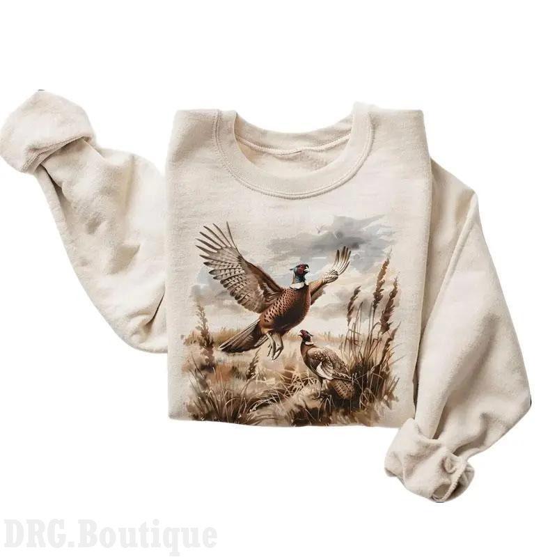 Retro Pheasant Bird Wilderness Scene Sweatshirt, 90's Vintage Hunting Birds Outfit Gift For Women's Shirt, Outdoor Wear Crewneck Cotton Fit