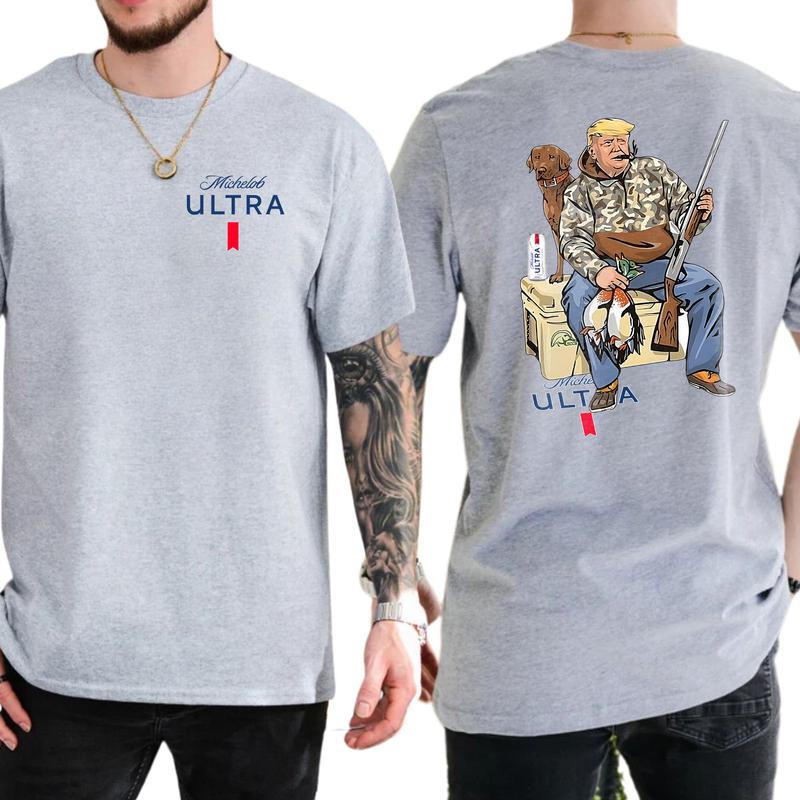 Camo Hunter Trummp With Michelob Ultra Beer Shirt 2-Sided, Funny Men's Hunting T-shirt, Beer Drinking Tee, Unisex Hunt Tops, Classic Casual Menswear