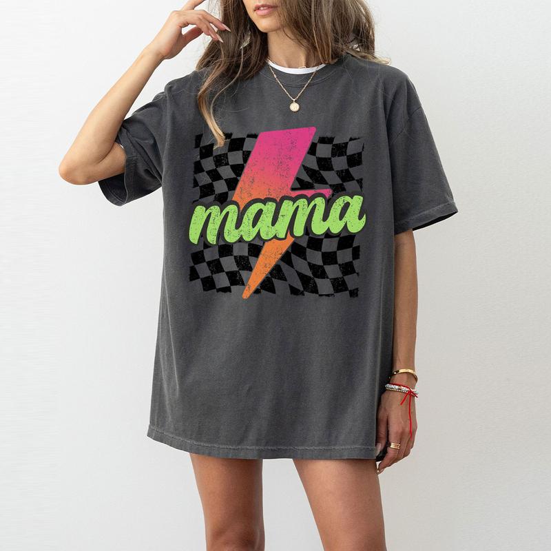 Neon Mama Shirt, Checkered Mama Shirt, Lightning Bolt Shirt, Mothers Day Gift, Retro Checkered Mom Tshirt, Mom Comfort Tee, Gift for Her, Retro Mama Shirt, Mom Women Tops