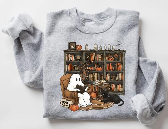 Retro Ghost Reading Books Shirt - Sweatshirt - Hoodie, Librarian Ghost Halloween Sweater, Halloween Teacher Sweatshirt, Ghost Halloween Shirt, Ghost Shirt, Teacher Halloween Gift Shirt, Full Color, For Men, For Women, Casual, Classic Fashion, Tee Print