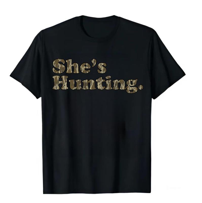 She is Hunting Camoflauge Bottomland Pattern Unisex T-shirt, Hunting Camo Graphic Printed Crewneck Sweatshirt, Unisex Mom Shirt Gift For Women