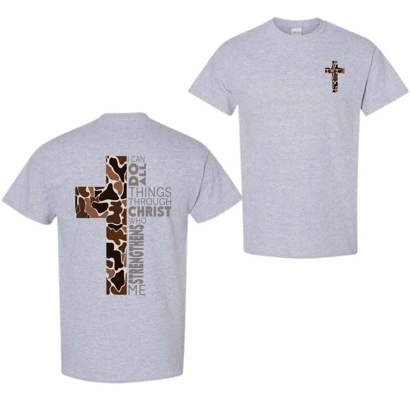 Christian T-Shirt, Camo Cross Design With Philippians 413 Verse, Perfect For Faithful Believers And Outdoorsmen