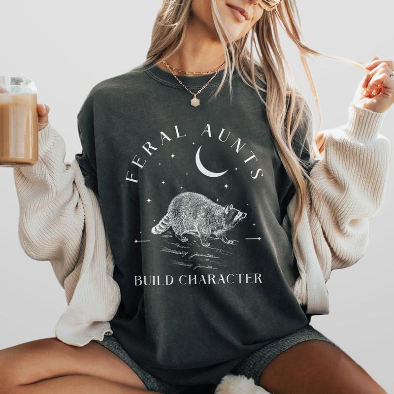 Feral Aunts Build Character Shirt, Raccoon Lover Aunt Shirt, Vintage Raccoon Art Crescent Moon Tee, Whimsigoth Aunty Tee, Aunty Shirt, Weird Gifts For Aunt, Raccoon Lover, Auntie Women Top