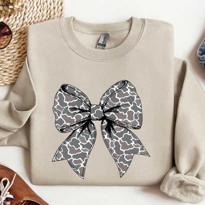 Retro Camo Coquette Bow Sweater, Dove Season Sweatshirt Unisex Classic Cotton Fabric