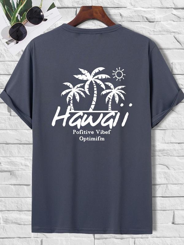 Men's Regular Fit Graphic Print Round Neck Knit Tee, Summer Clothes,Ã‚Â StreetwearÃ‚Â Guys Hawaiian Tropical & Letter Graphic Short SleeveÃ‚Â CrewneckÃ‚Â T-Shirt,