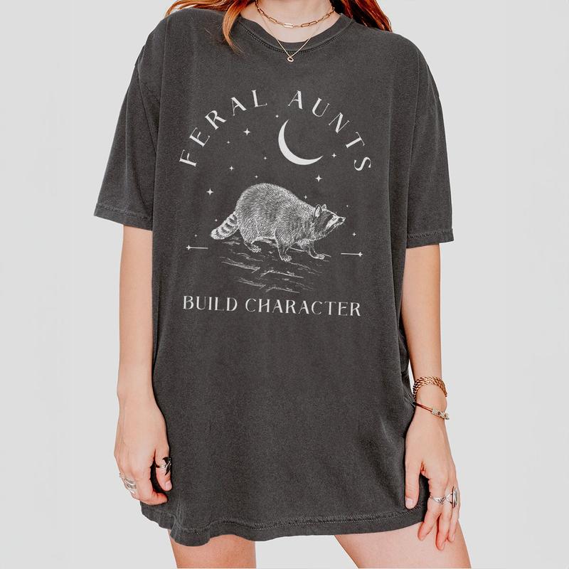 Feral Aunts Build Character Shirt, Raccoon Lover Aunt Shirt, Vintage Raccoon Art Crescent Moon Tee, Whimsigoth Aunty Tee, Aunty Shirt, Weird Gifts For Aunt, Raccoon Lover, Auntie Women Top