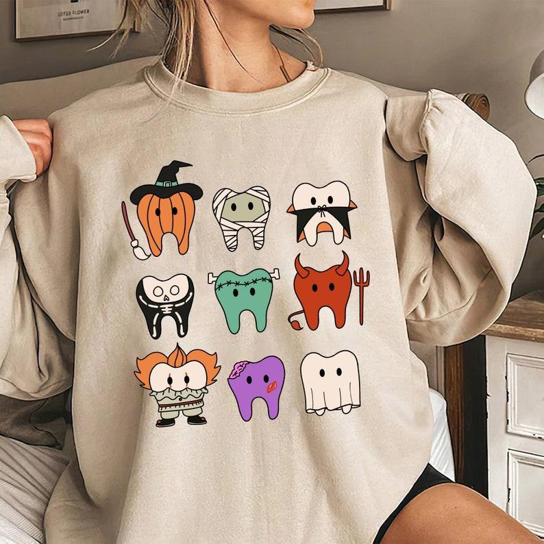 Halloween T.e.e.t.h Dental Shirt, Pediatric Dentist Shirt, Hygienist Halloween , Dentist Halloween Shirt Collar Comfort Cotton Fabric