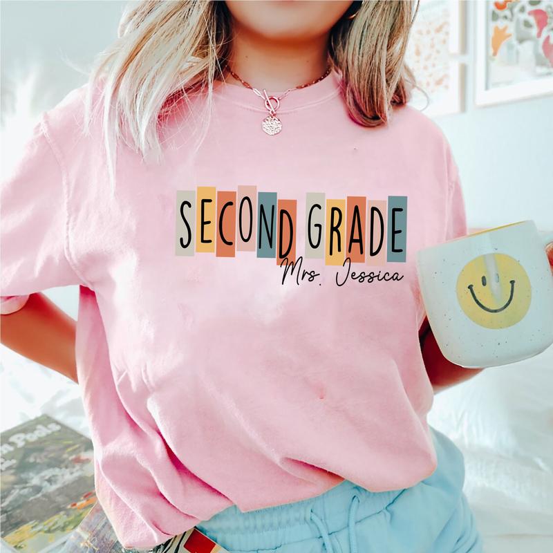Happy First Day Of School 2nd Grade Teacher Shirt, Custom Name Shirt, Personalized Teacher Shirt (Please Inbox In Message), Second Grade Teacher Shirt