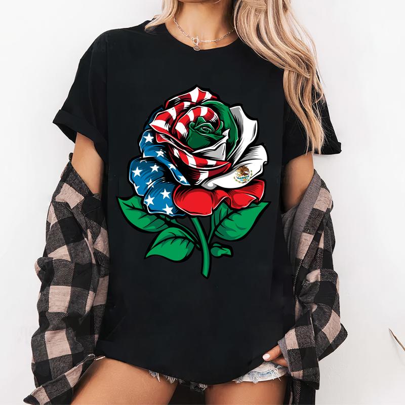 Rose Mexico USA Flag Shirt, Mexican American Shirt, Mexico Independence T-Shirt