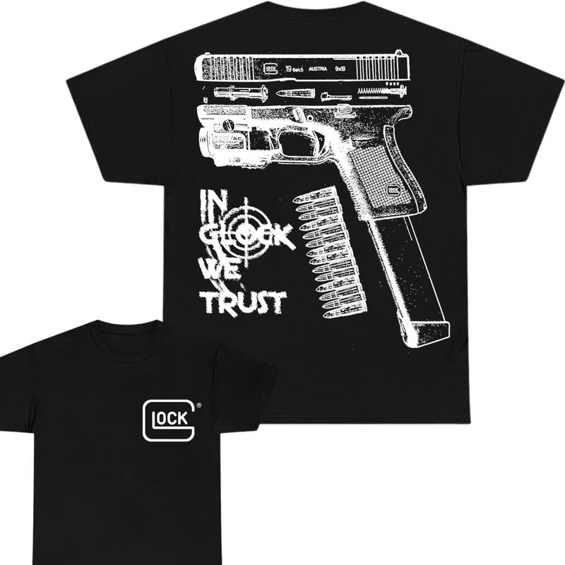 In Glock We Trust Double Sided Print T-Shirt - Glock shirt - Classic Width and Collar for Men and Women - Design color Black and White , Cotton Menswear