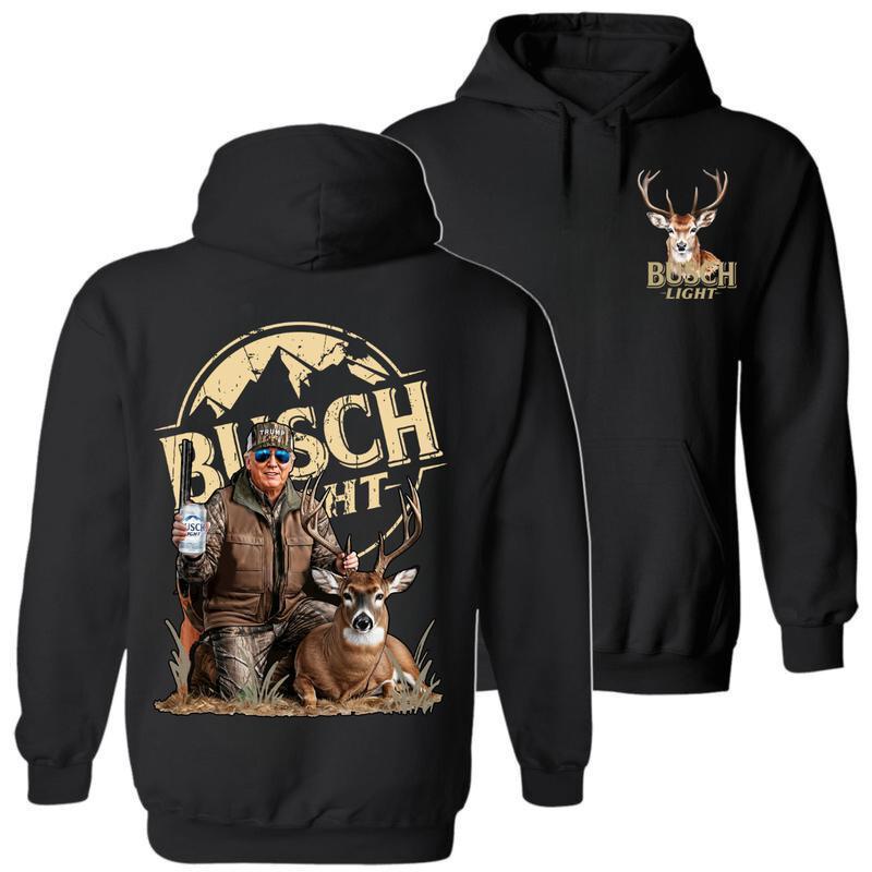 Hunting Trump with Busch Light 2 Side Hoodie Sweater T-Shirt Full Color, Retro Deer for Outfitters Enthusiasts and Casual Wear Hooded Pullover, Hunting Season Sweatshirt for Men Women