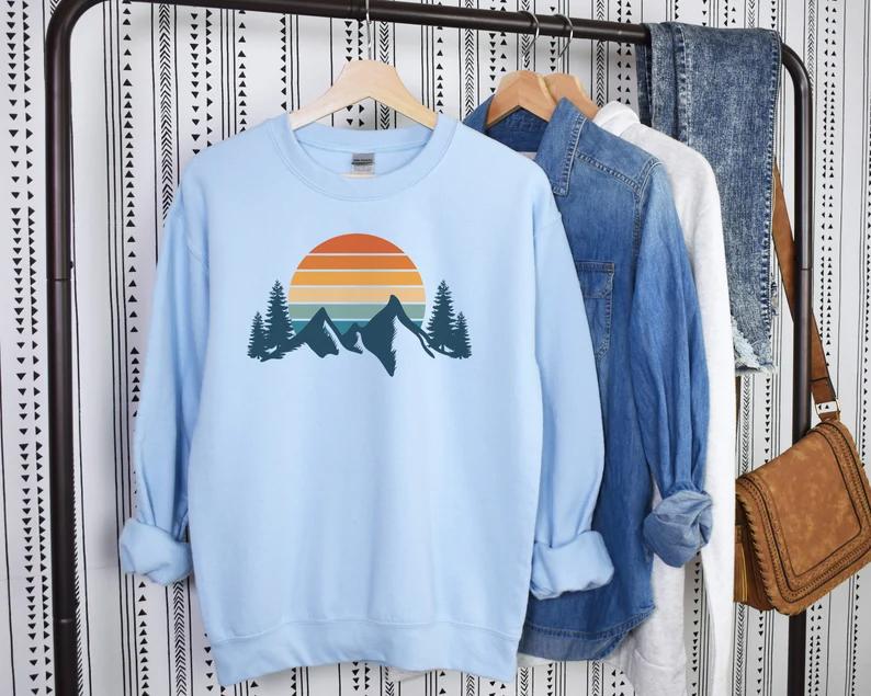 Mountain Sweatshirt, Retro Sunset Aesthetic Sweatshirt, Cozy Sweatshirt, Hiking Sweatshirt Cotton Spandex