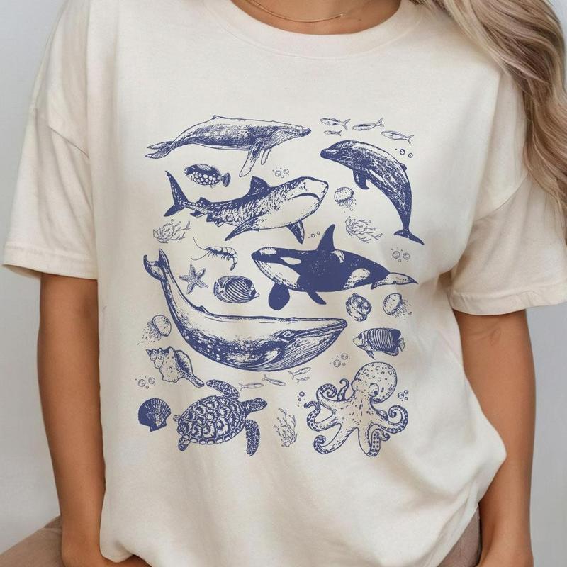 Vintage Sea Annimal Shirt, Ocean Animal Shirt, Ocean Nature Shirt, Gift For Her, Dolphin Shirt, Turtle Tee, Ocean Shirt for Women, Hello Summer Shirt,