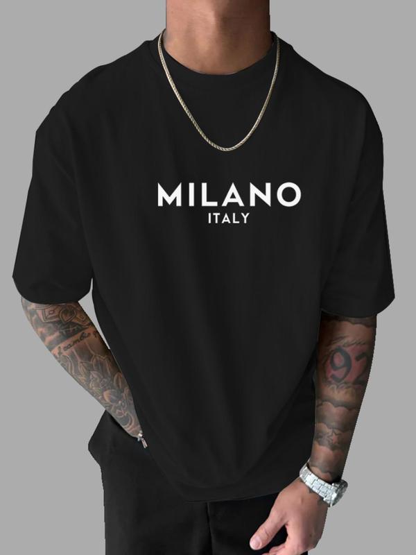 Men's Letter Print Round Neck Tee, Regular Fit Casual Comfy StreetwearÂ Drop Shoulder Short Sleeve T-shirt for Daily Wear, Graphic Tees,Â Men's Summer Clothes