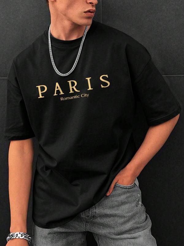 Men's Letter Print Drop Shoulder Tee, Regular Fit Casual Streetwear Short Sleeve Round Neck T-shirt for Summer, Graphic Tees, Fashion Men's Top for Daily Wear