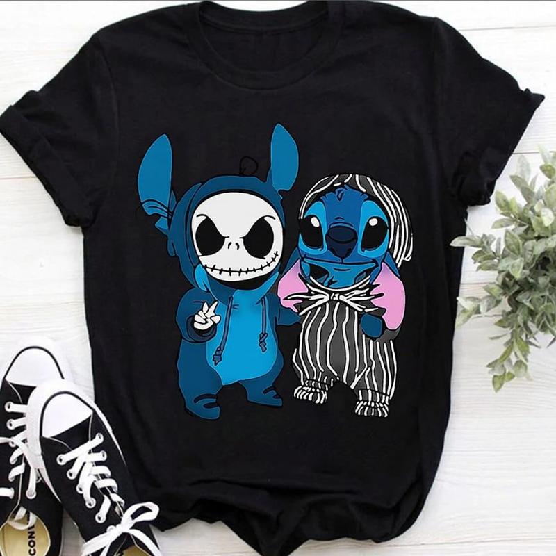 Blue Monster & Skeleton Friends Horror Tee, Mash-Up Movie Shirt, Nightmare Christmas Design, Unisex Graphic Halloween Shirt