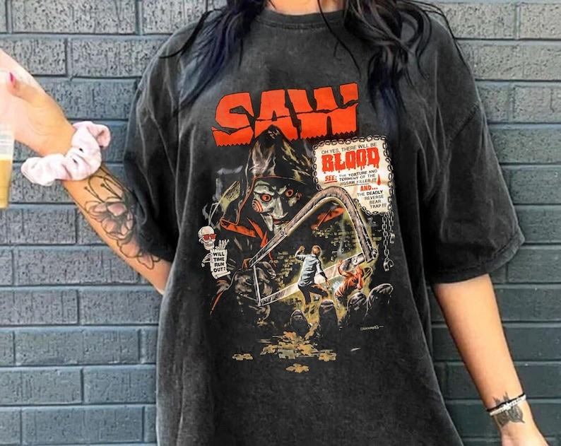 Vintage Saw Reverse Bear Trap Movie shirt, SAW Movie Vintage 90s T Shirt Sweatshirt Hoodie, 90s Saw Horror Movie T Shirt
