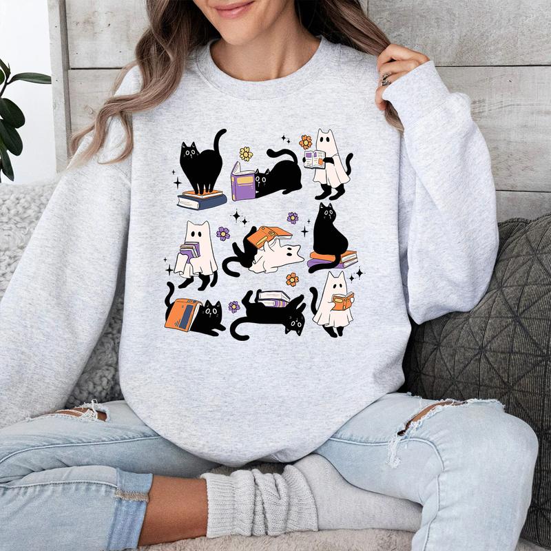 Cats Book Shirt, Halloween Cat SweatShirt, Ghost TShirt, Halloween Black Cat Shirt, Cat Lover Shirt, Spooky Season