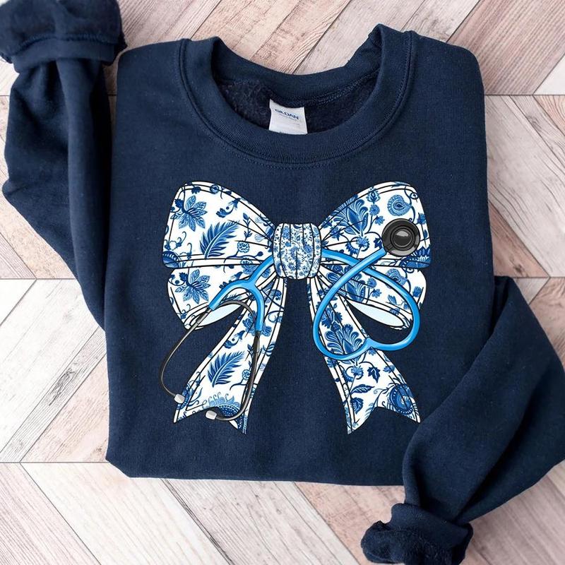 Nurse Stethoscope Bow Sweatshirt, Blue Ribbon Shirt For Nurses, Nurse Life, Christmas Nurse Gift, Unisex Shirt, Gift For Her, Gift For Him