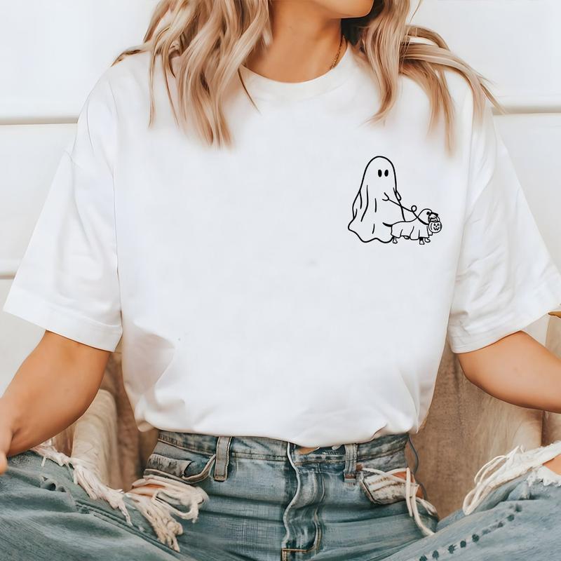 Cute Ghost Dog Shirt, Halloween Party Shirt, Dachshund Halloween Clothing, Fall Graphic Tee, Autumn Shirt, Spooky Season, Weiner Dog