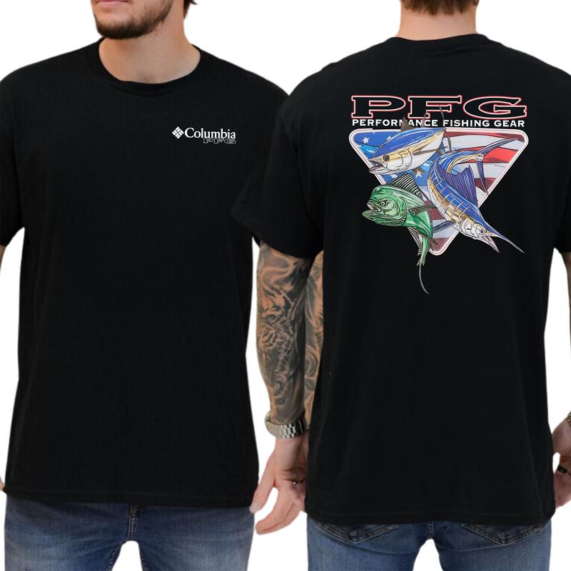 Columbia PFG Shirt - Performance Fishing Gear Featuring Bold American Flag and Fish Graphics T-Shirt, Soft Fabric Short Sleeve Shirt