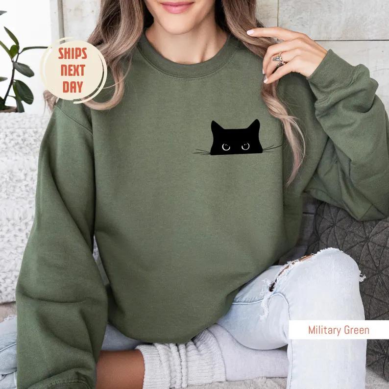 Cat Sweatshirt, Cute Cat Sweatshirt, Black Cat Shirt, Cat Peeking Sweatshirt, Womens Funny Sweater, Gift for Cats Lover, Cat Mom Sweatshirt