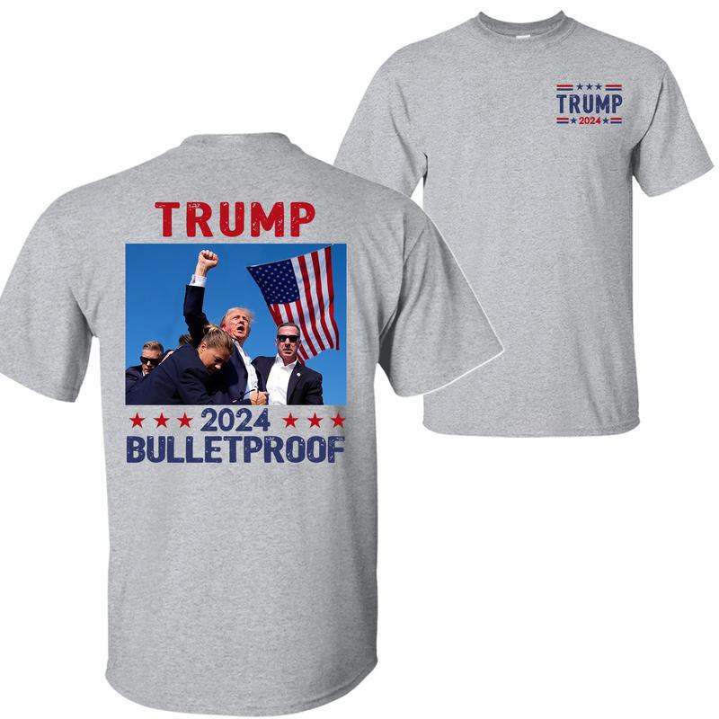 Trump 2024 Bulletproof Shirt, Praying For President Trump Shirt, Bloodied Trump Fist Pumps, Trump Shirts 2024, Double Sided Graphic Printed Unisex Cla