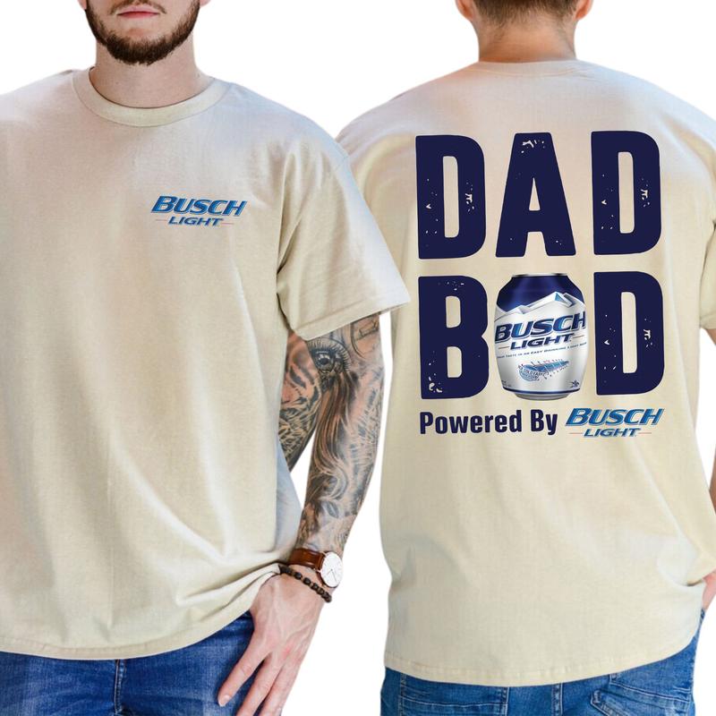 Busch Lite Dad Bod Powered By Busch Light Tshirt 2-Sided for Men, Beer Drink Shirt for Daddy, Funny Drinking Tee, Casual Cotton Top, Classic Menswear