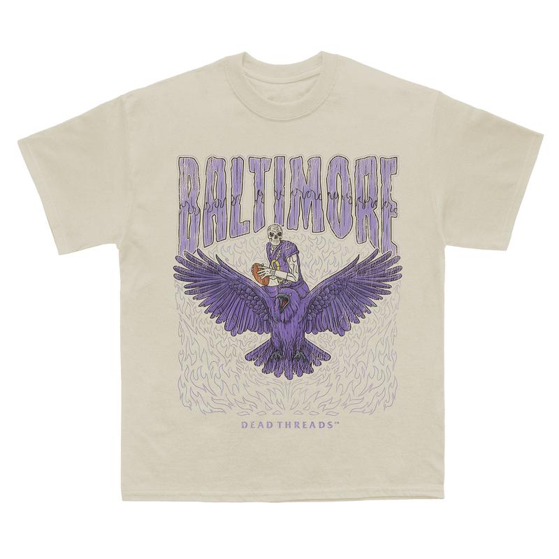 Baltimore football, Deadman's Raven Graphic T-Shirt, Full Cotton, Men's Top Women's Top, American Football Team, For Men And Women Fabric Menswear Retro Print Womenswear