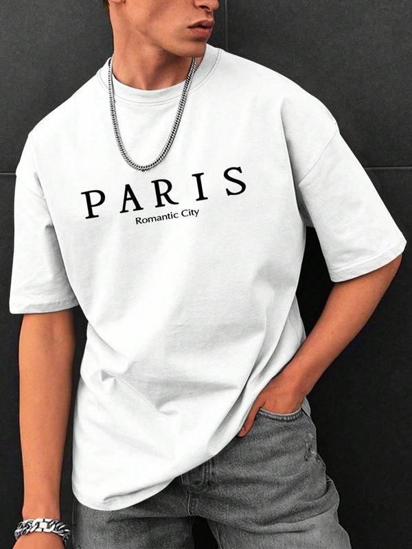 Men's Letter Print Drop Shoulder Tee, Regular Fit Casual Streetwear Short Sleeve Round Neck T-shirt for Summer, Graphic Tees, Fashion Men's Top for Daily Wear
