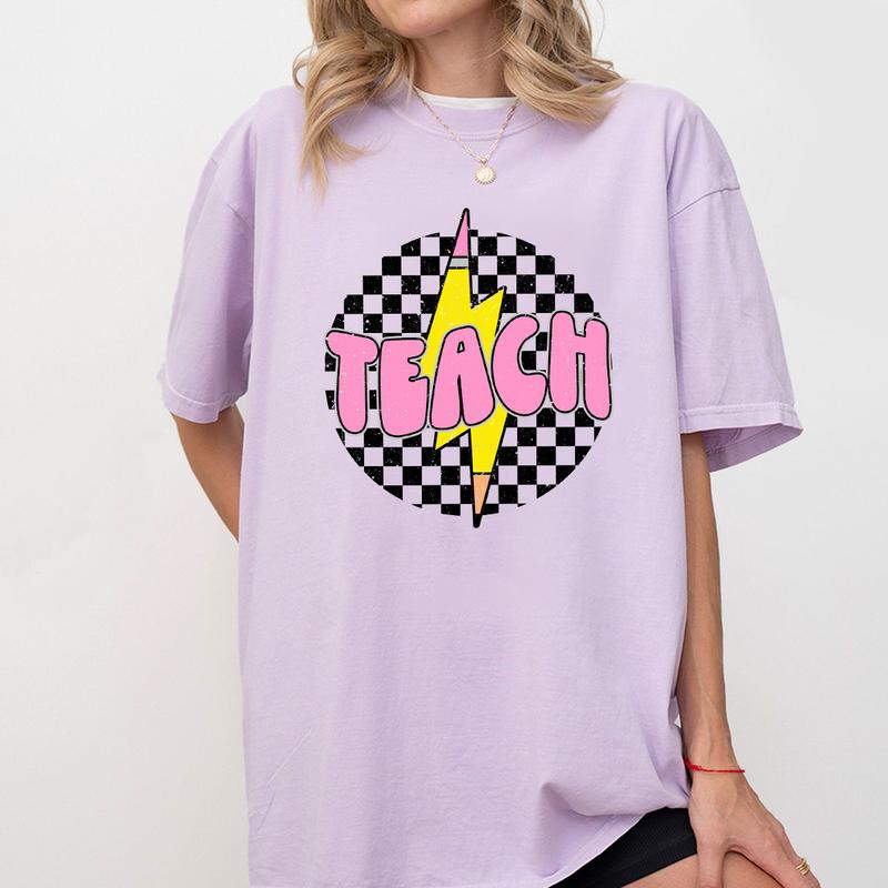 Checkered Teach Shirts, Pencil Lightning Shirt, Lightning Bolt Shirt, Teacher Appreciation Gifts, Shirt For Teacher, Retro Teacher T-shirt, Teacher Gifts, Women Shirt, Retro Shirt For Her, Women Tops, Checkerboard Teach T-shirt