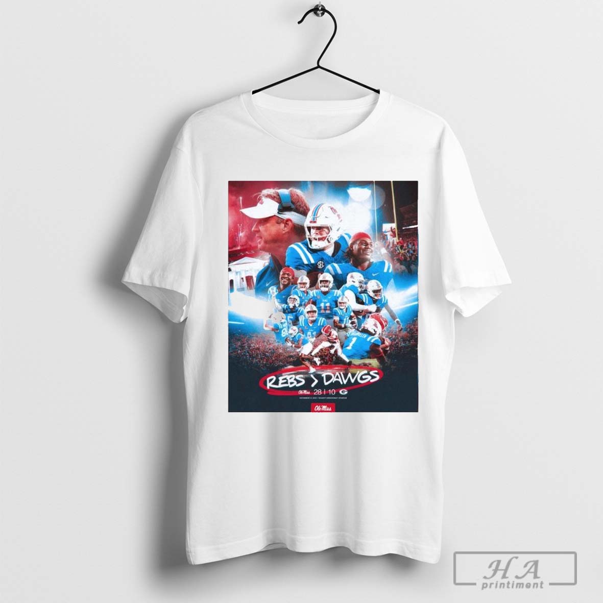 SEC Lane Kiffin + Jaxson Dart Ole Miss Football vs. Georgia Bulldogs Final Score 28-10 Signed Victory T-shirt
