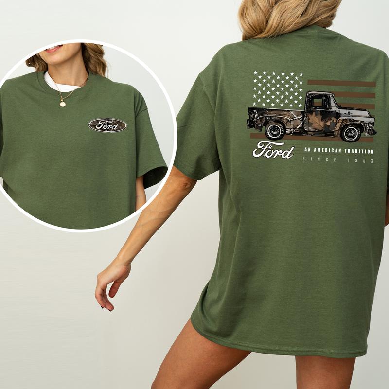 Vintage Camo Ford Truck 2-Sided Shirt for Women and Men, Retro American Flag Truck Tshirt, Car Lover Gifts Tops, Cotton Fabric Tee, Casual Womenswear