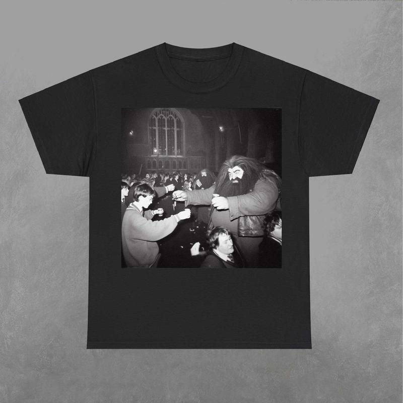 Hagrid and Potter Cheering Shirt, Wizard House Shirt, Wizarding Fan, Retro Funny Movie Graphic Shirt Classic Fabric