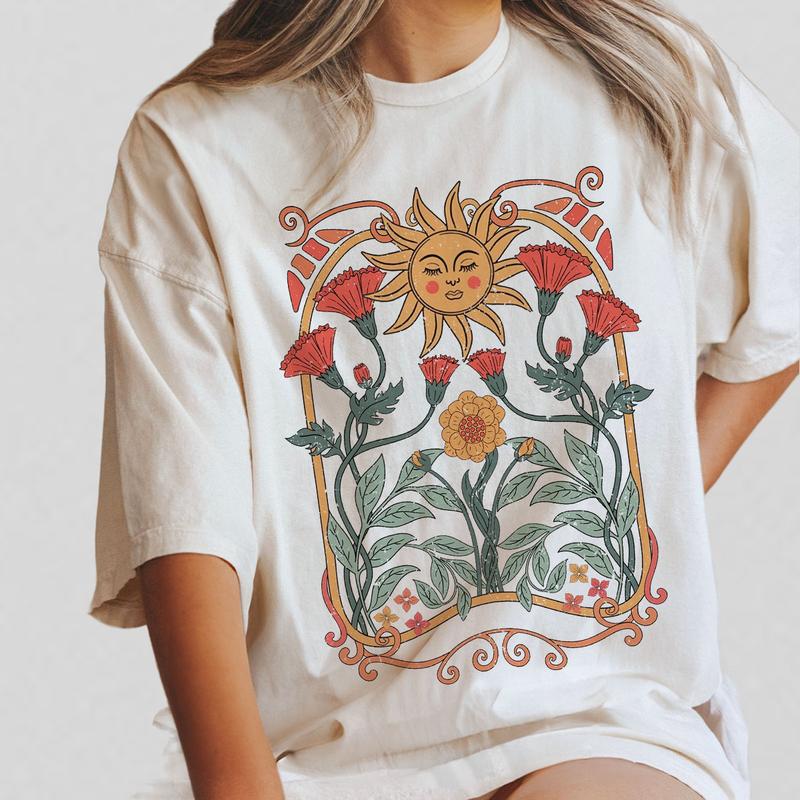 Boho Floral Tshirt Art Nouveau, WildFlowers Shirt, Wild Flower Tshirt, Comfort Shirts for Women, Vintage Botanical Tee For Her, Retro Floral Nature T-Shirt, Flowers Lover Tee, Floral Nature TShirt, Ladies Shirts, Gifts for Women, Gift for Mom, Women Top