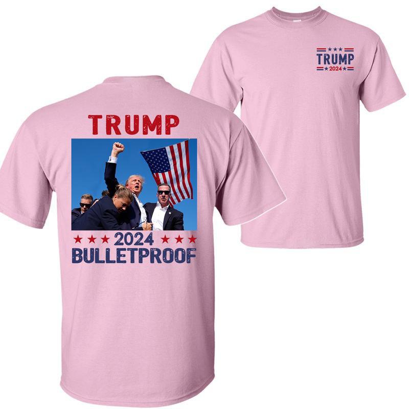 Trump 2024 Bulletproof Shirt, Praying For President Trump Shirt, Bloodied Trump Fist Pumps, Trump Shirts 2024, Double Sided Graphic Printed Unisex Cla