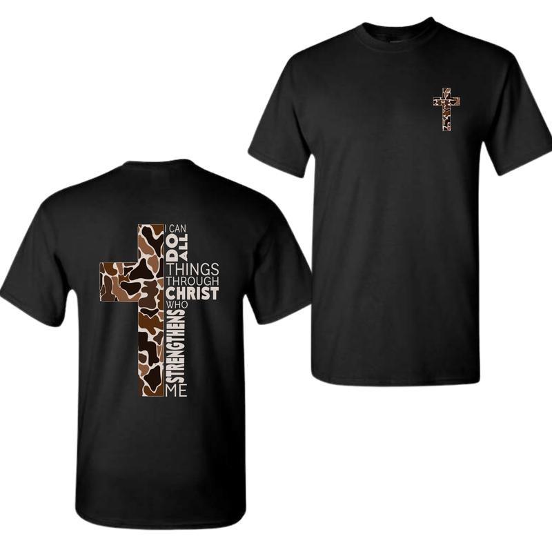 Christian T-Shirt, Camo Cross Design With Philippians 413 Verse, Perfect For Faithful Believers And Outdoorsmen