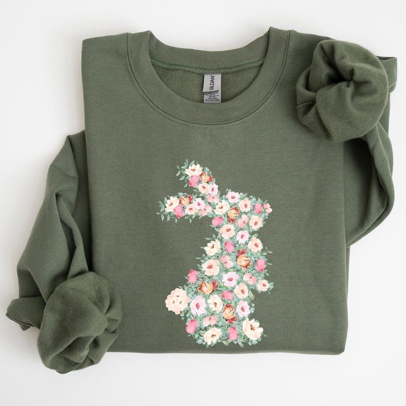 Floral Print Rabbit, Bunny, Easter Sweatshirt, Women's Crew Neck, Crewneck