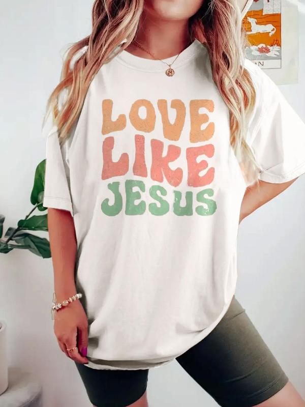 Women's Letter Print Round Neck Graphic Tee, Lady Summer Tops, Graphic Tees,Ã‚Â Vintage Trendy Casual Drop Shoulder Half Sleeve T-shirt For Daily Wear, L