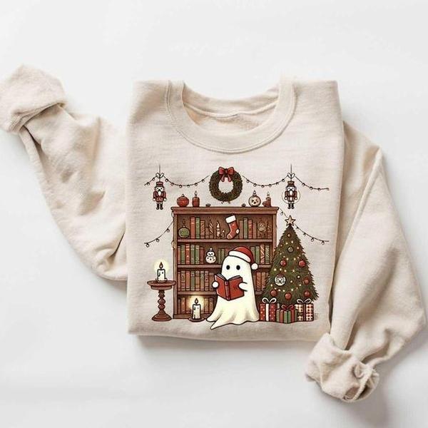 Ghost Reading Books Christmas Sweatshirt, Bookish Christmas Crewneck, Cute Ghost Xmas Shirt, Christmas Teacher Gift, Librarian Christmas Shirt, Christmas Bookish Gift Shirt